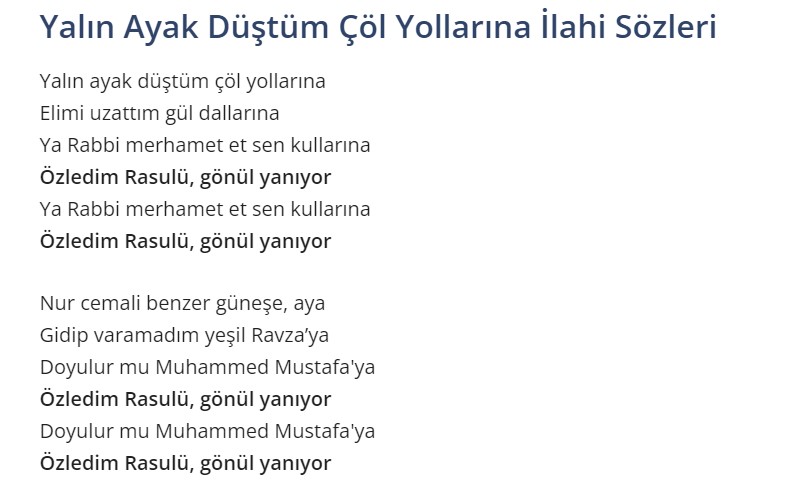 Yalın Ayak Düştüm Çöl Yollarına İlahi Sözleri